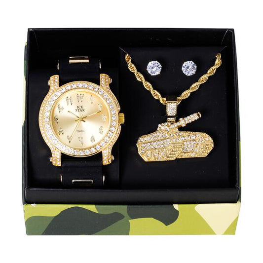 Watch and Camo Tank Necklace with Earrings Gift Set - W1K-165