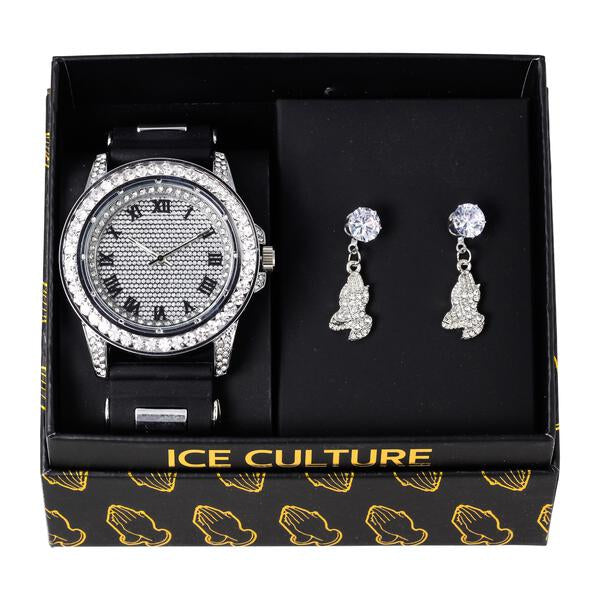 Watch and Praying-Hands Dangling Earring Gift Set - MSE-113