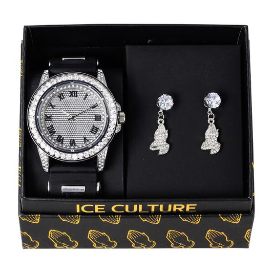 Watch and Praying-Hands Dangling Earring Gift Set - MSE-113