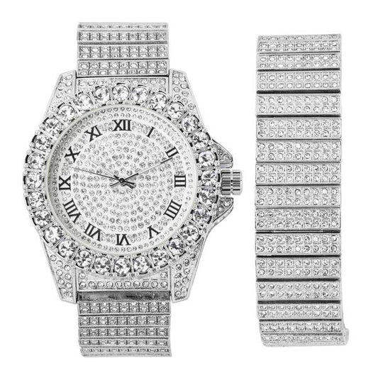 Urban Iced-Out Full Stone 34mm Metal Band Watch & Bracelet Set - 9674X-WB