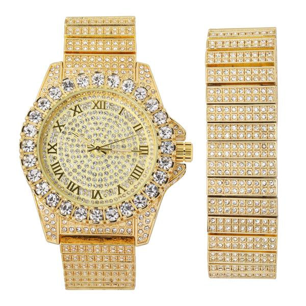 Urban Iced-Out Full Stone 34mm Metal Band Watch & Bracelet Set - 9674X-WB
