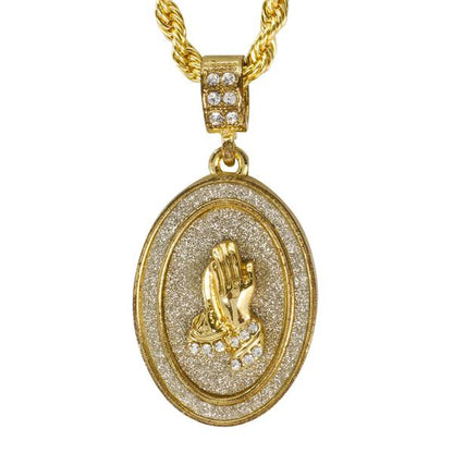 Iced Medium Praying Hands Pendant with 4mm Rope Chain 24" - HC-3112*