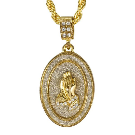 Iced Medium Praying Hands Pendant with 4mm Rope Chain 24" - HC-3112*
