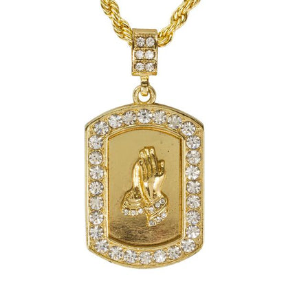 Iced Medium Praying Hands Pendant with 4mm Rope Chain 24" - HC-3052*
