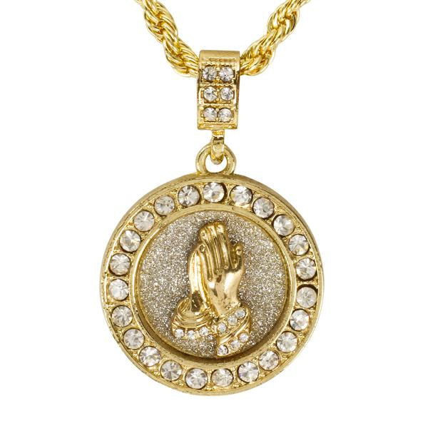 Iced Medium Praying Hands Pendant with 4mm Rope Chain 24" - HC-3102*