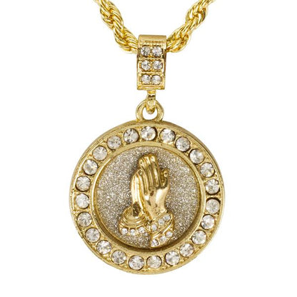 Iced Medium Praying Hands Pendant with 4mm Rope Chain 24" - HC-3102*