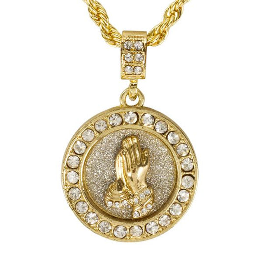 Iced Medium Praying Hands Pendant with 4mm Rope Chain 24" - HC-3102*