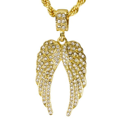 Iced Medium Angel Wings Pendant with 4mm Rope Chain 24" - HC-3012*