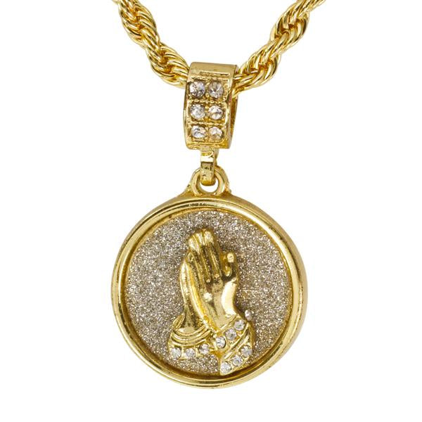 Iced Medium Praying Hands Pendant with 4mm Rope Chain 24" - HC-2016*