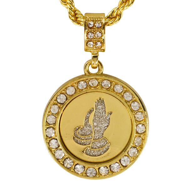 Iced Medium Praying Hands Pendant with 4mm Rope Chain 24" - HC-2027*