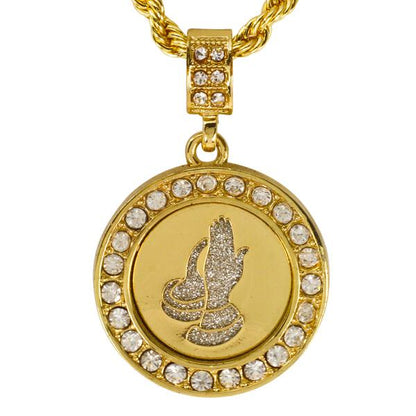 Iced Medium Praying Hands Pendant with 4mm Rope Chain 24" - HC-2027*