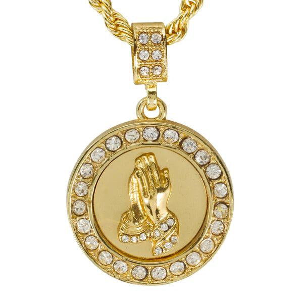 Iced Medium Praying Hands Pendant with 4mm Rope Chain 24" - HC-3002*
