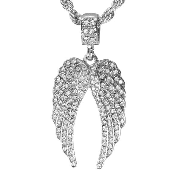 Iced Medium Angel Wings Pendant with 4mm Rope Chain 24" - HC-3012*