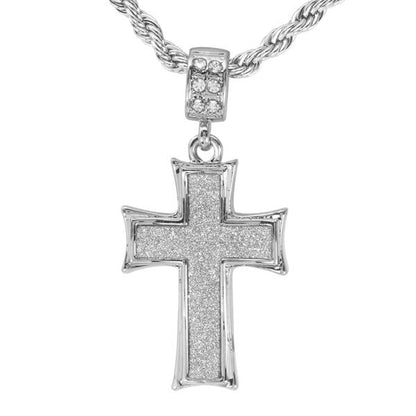 Iced Medium Cross Pendant with 4mm Rope Chain 24" - HC-2005*