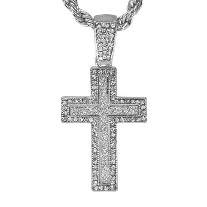 Iced Medium Cross Pendant with 4mm Rope Chain 24" - HC-2052