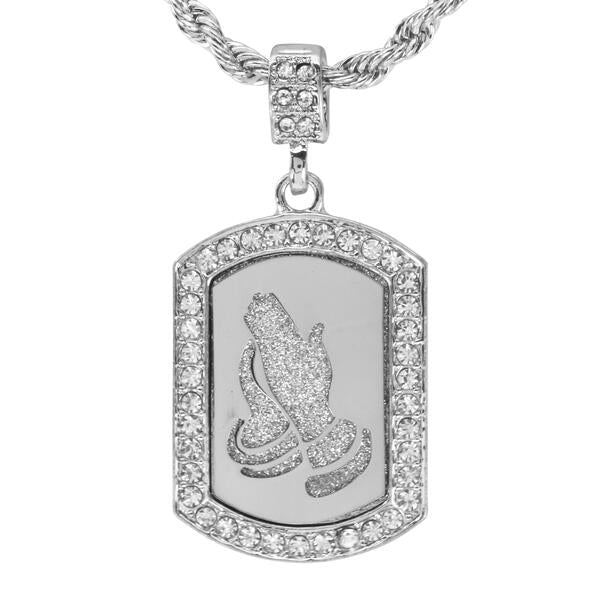 Iced Medium Praying Hands Pendant with 4mm Rope Chain 24" - HC-2033*