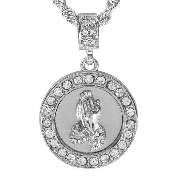 Iced Medium Praying Hands Pendant with 4mm Rope Chain 24" - HC-3002*