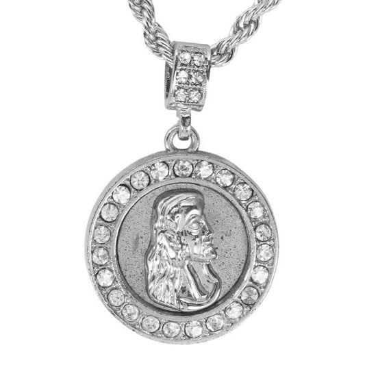 Iced Medium Jesus Pendant with 4mm Rope Chain 24" - HC-3006*
