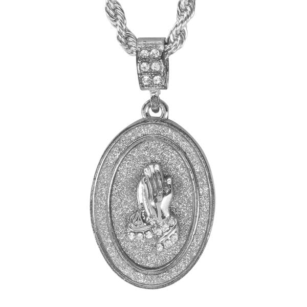 Iced Medium Praying Hands Pendant with 4mm Rope Chain 24" - HC-3112*