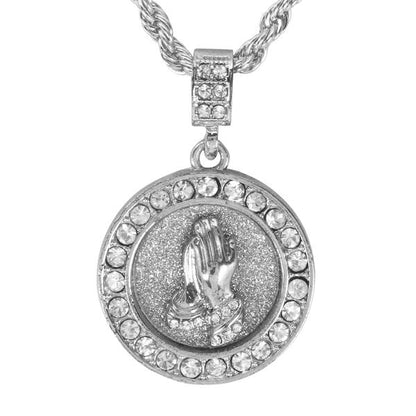 Iced Medium Praying Hands Pendant with 4mm Rope Chain 24" - HC-3102*