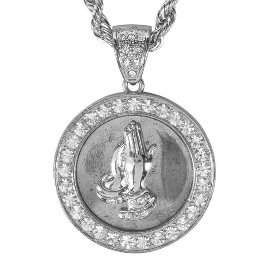 Iced Large Praying Hand Pendant with 8mm Rope Chain 24" - HC-4002**