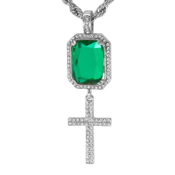 Iced Mini Cross Color Stone Pendant with 3mm Rope Chain 24" - HC-312**