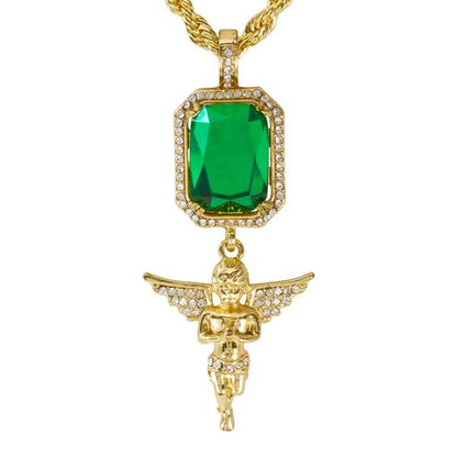 Iced Mini Angel Color Stone Pendant with 3mm Rope Chain 24" - HC-316**