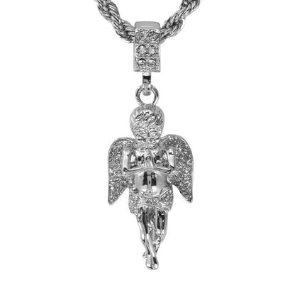 Iced Medium Angel Pendant with 4mm Rope Chain 24" - HC-7004*