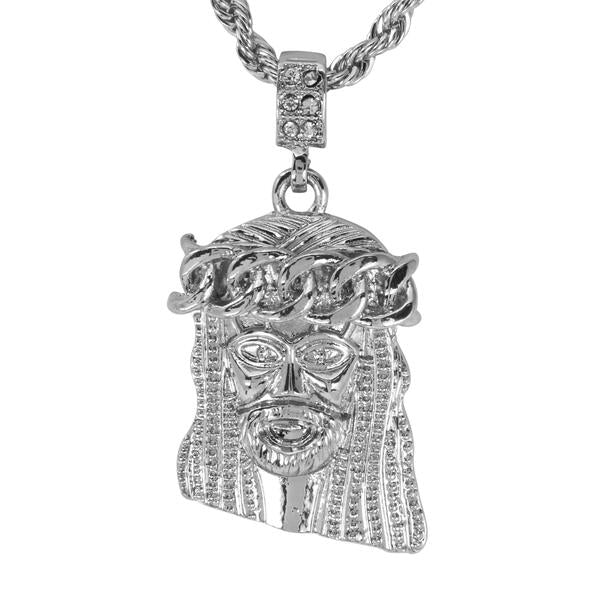 Iced Medium Jesus Pendant with 4mm Rope Chain 24" - HC-7003*