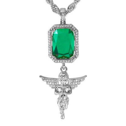 Iced Mini Angel Color Stone Pendant with 3mm Rope Chain 24" - HC-316**