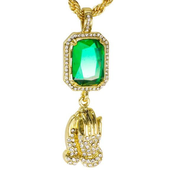 Iced Mini Praying Hands Color Stone Pendant with 3mm Rope Chain 24" - HC-304**