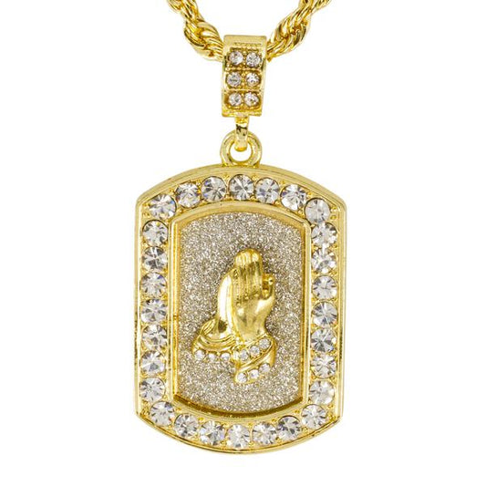 Iced Medium Praying Hands Pendant with 4mm Rope Chain 24" - HC-3152*