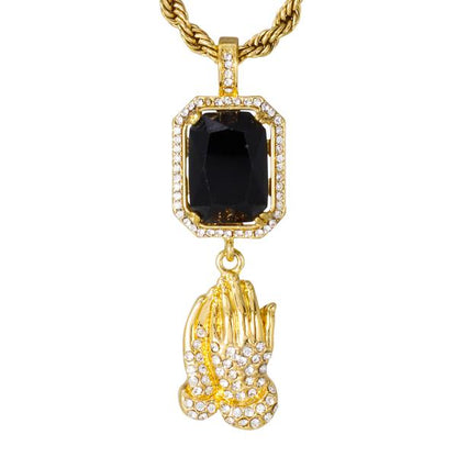 Iced Mini Praying Hands Color Stone Pendant with 3mm Rope Chain 24" - HC-302**