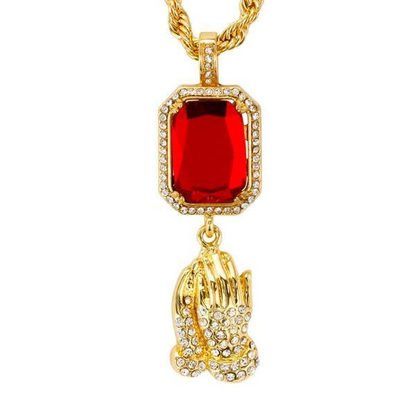 Iced Mini Praying Hands Color Stone Pendant with 3mm Rope Chain 24" - HC-301**