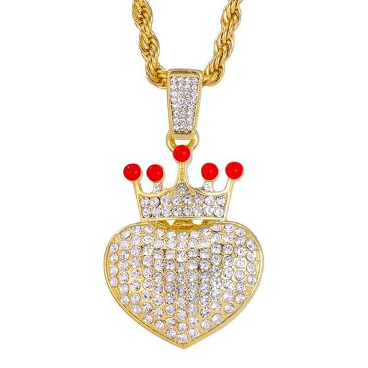 Iced Medium Heart Crown Pendant with 4mm Rope Chain 24" - HC-1393