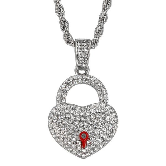 Iced Medium Heart Lock Pendant with 4mm Rope Chain 24" - HC-1394