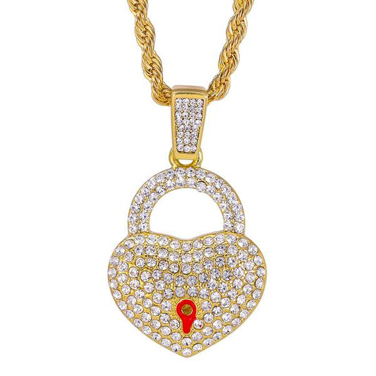 Iced Medium Heart Lock Pendant with 4mm Rope Chain 24" - HC-1394
