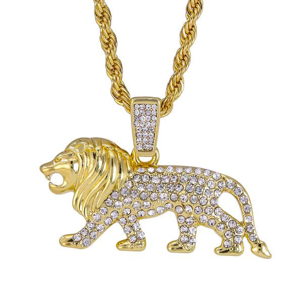 Iced Medium Lion Pendant with 4mm Rope Chain 24" - HC-1390