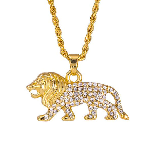 Iced Mini Lion Pendant with 3mm Rope Chain 24" - HC-409