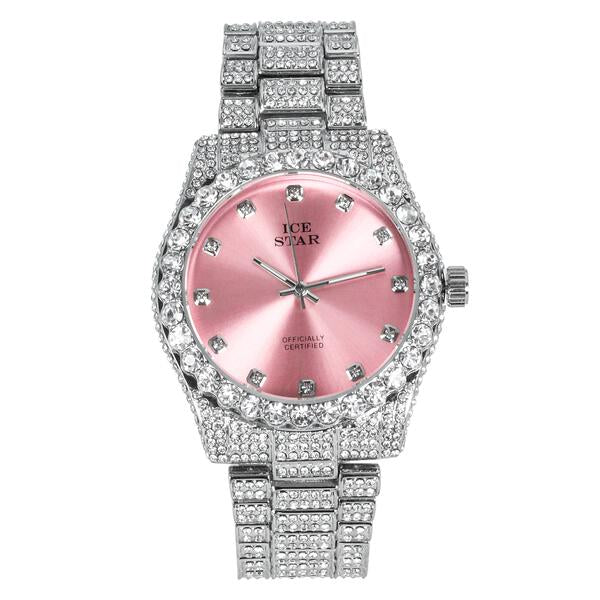 Ladies Iced-Out 42mm Metal Band Watch - 9478B-MB