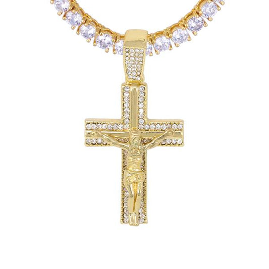 Iced Medium Cross Pendant with 3.5mm Tennis Chain 24" - HS-81042