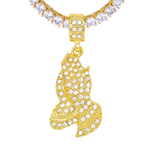 Iced Medium Praying Hands Pendant with 3.5mm Tennis Chain 24" - HS-81012