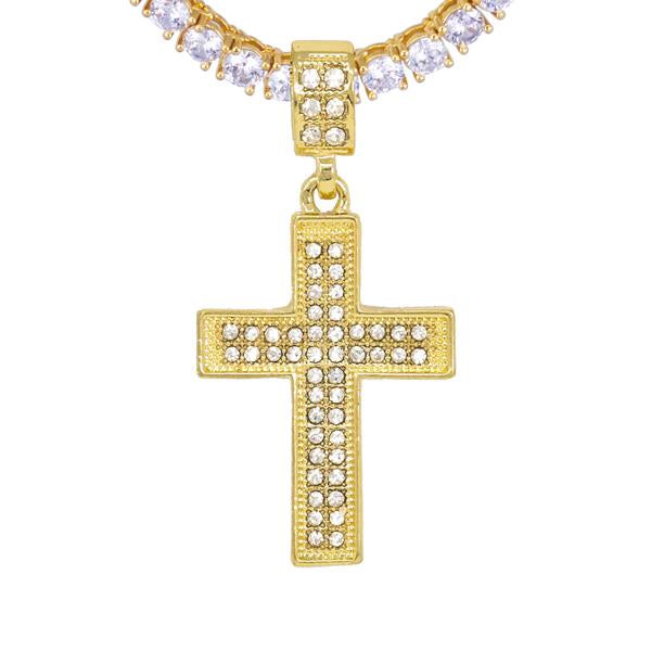 Iced MediumCross Pendant with 3.5mm Tennis Chain 24" - HS-81004