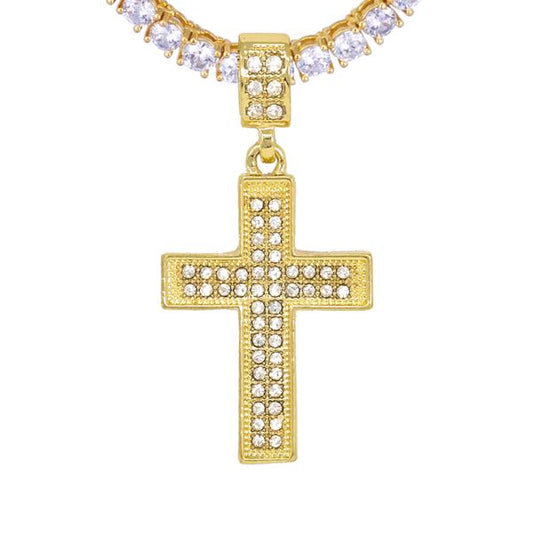 Iced MediumCross Pendant with 3.5mm Tennis Chain 24" - HS-81004