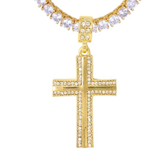 Iced Medium Cross Pendant with 3.5mm Tennis Chain 24" - HS-81041