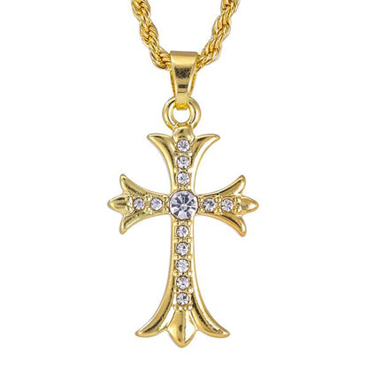 Iced Mini Cross Pendant with 3mm Rope Chain 24" - HC-406