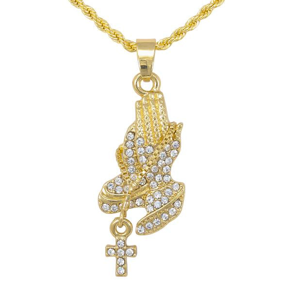 Iced Mini Praying Hands Pendant with 3mm Rope Chain - CRDHC2-294