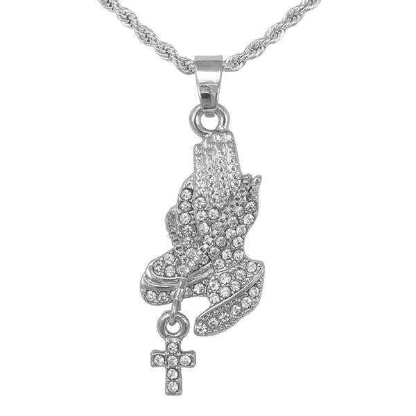 Iced Mini Praying Hands Pendant with 3mm Rope Chain - CRDHC2-294