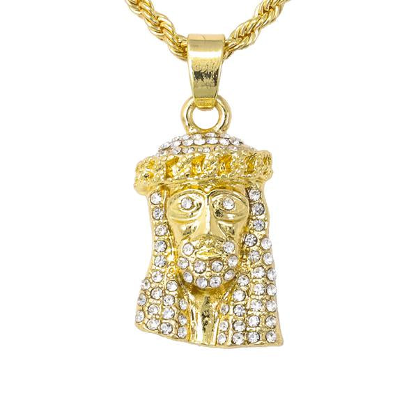 Iced Mini Jesus Pendant with 3mm Rope Chain - CRDHC2-293