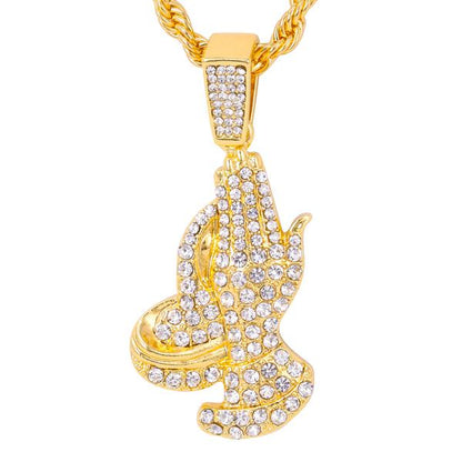 Iced Medium Praying Hands Pendant with 4mm Rope Chain - CRDHC1-1388G